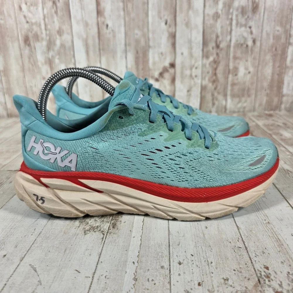 Hoka One One Clifton 8 Womens 7.5 Running Shoes Aquarelle Blue Red 1119394 AEBL